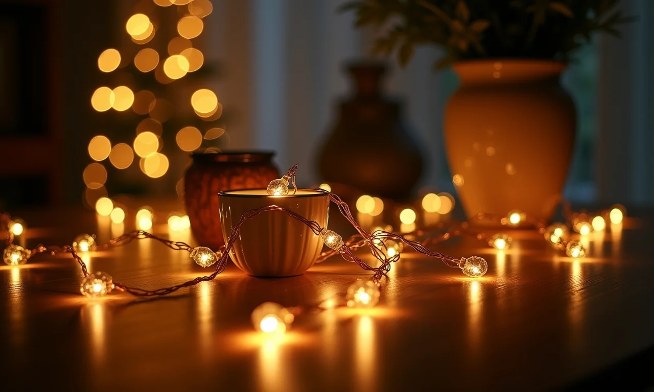 Luzes de fada destacando objetos decorativos no quarto.