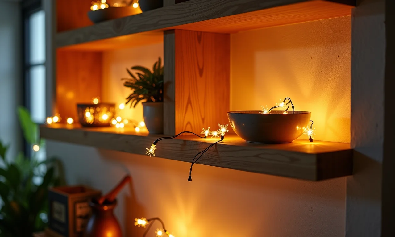 Luzes de fada em nichos e prateleiras no quarto.