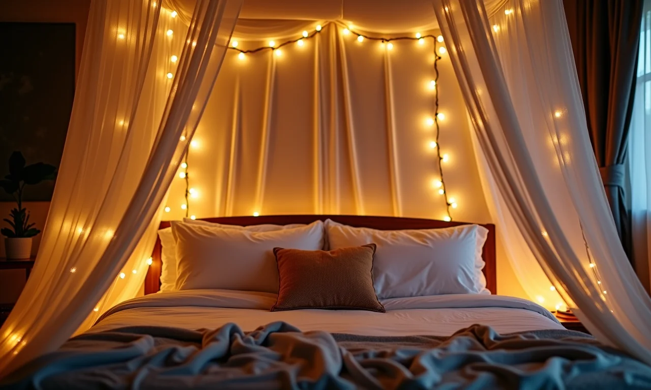 Luzes de fada iluminando o dossel da cama em um quarto romântico.