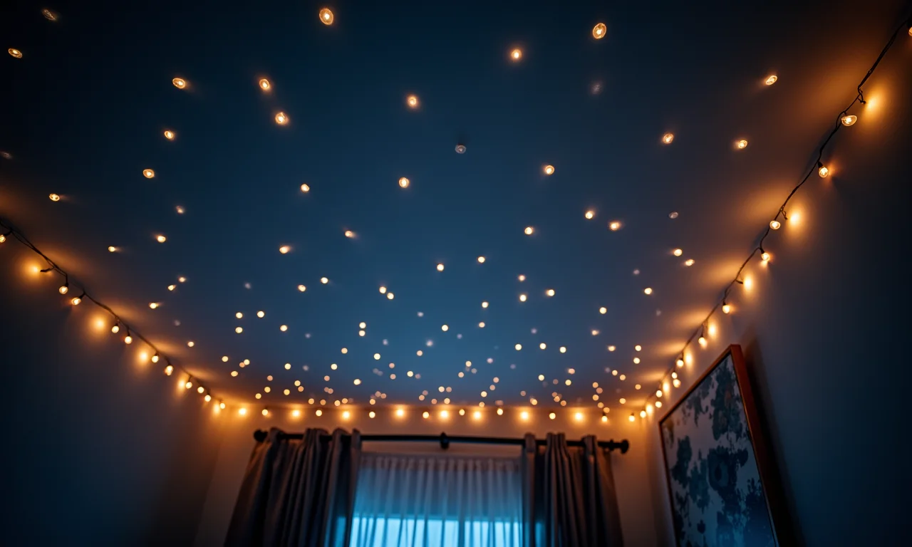 Luzes de fada no teto do quarto, simulando um céu estrelado.