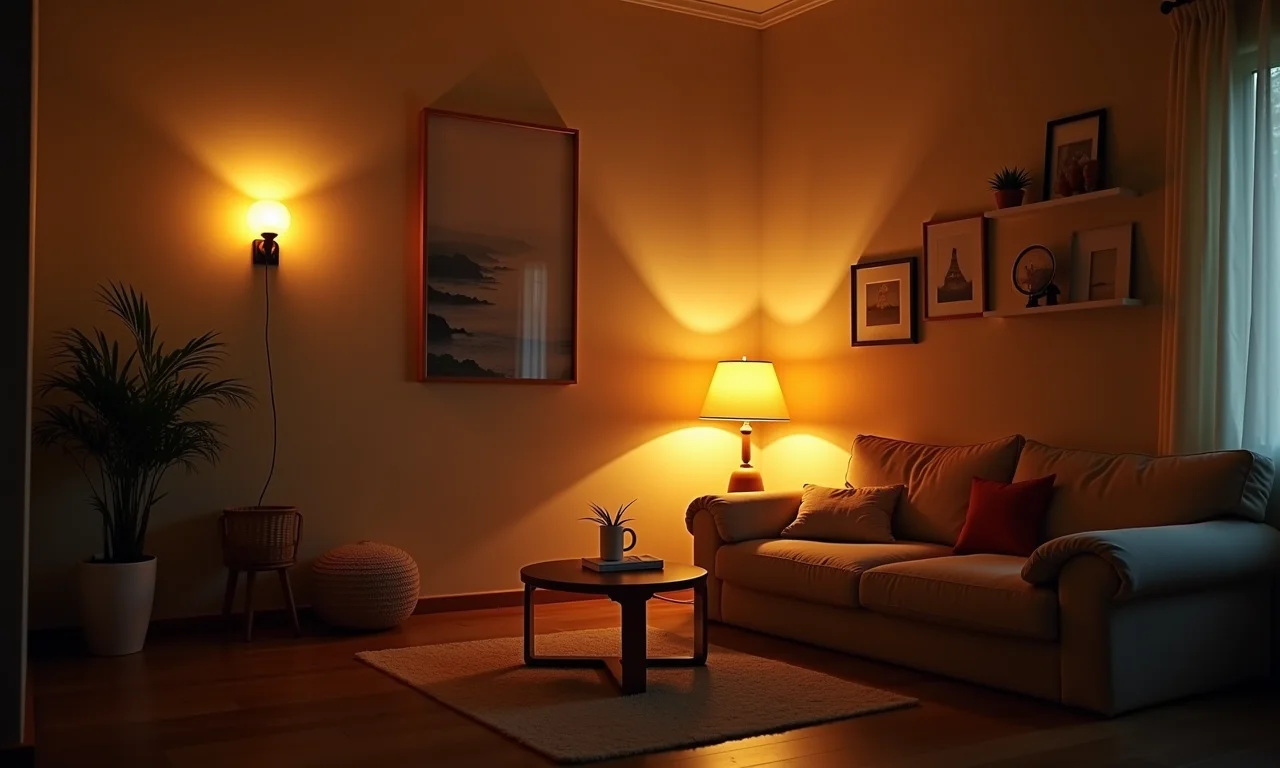 Luzes dimerizadas em ambiente aconchegante para economizar energia.