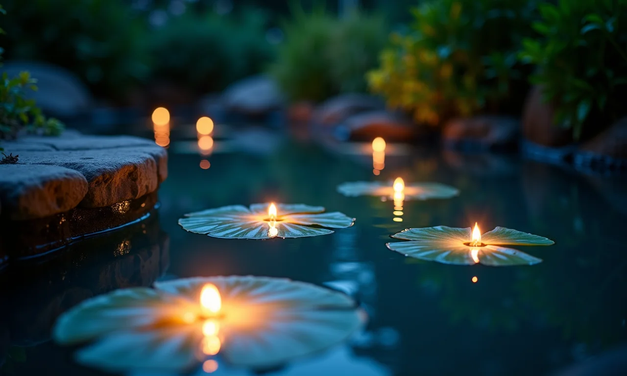 Luzes subaquáticas criando um brilho mágico em um lago de jardim.