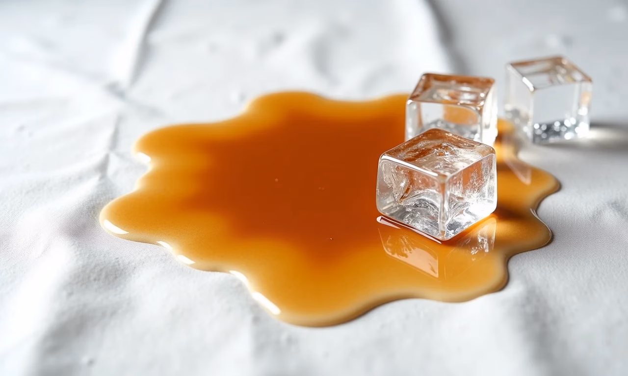 Mancha de café se espalhando em toalha de linho branca com gelo ao redor.