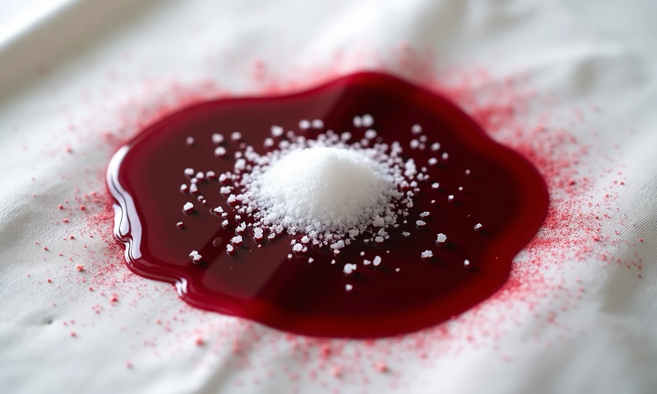 Mancha de vinho seca em toalha branca com sal.