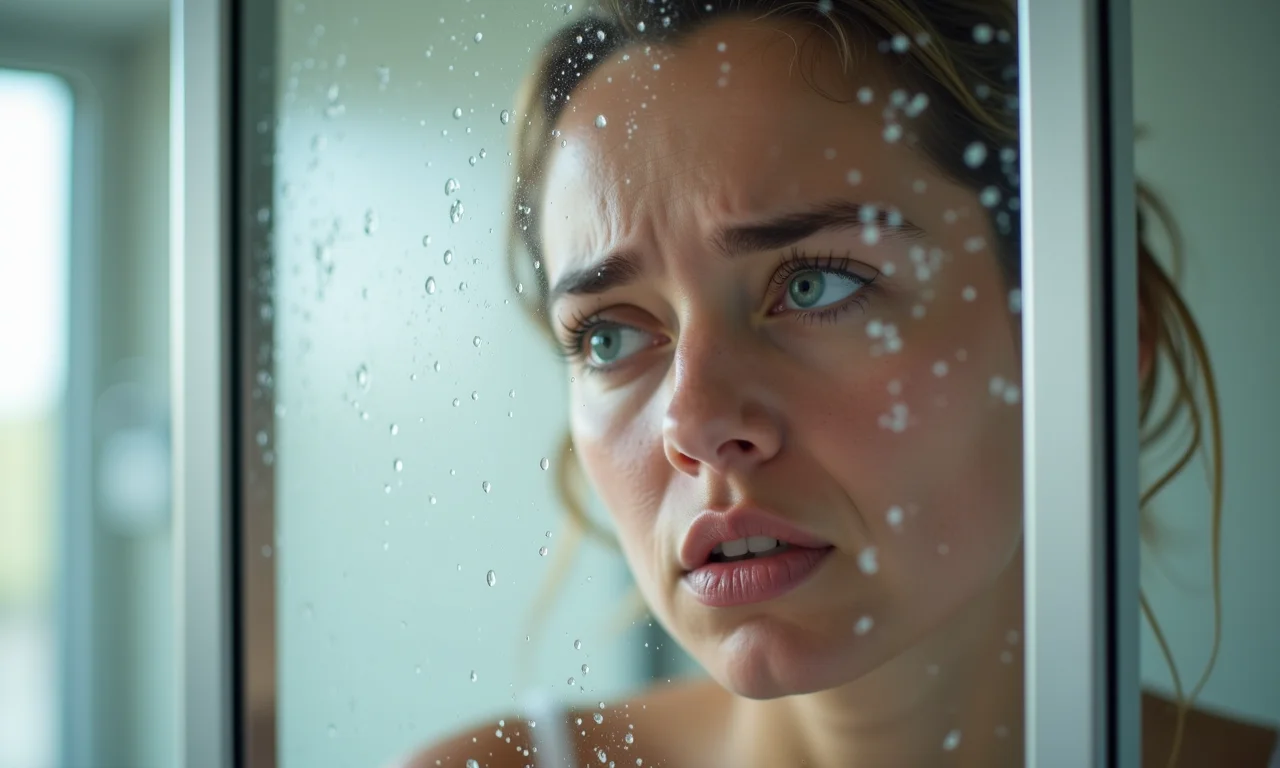 Manchas de sabão no box sanfonado incomodando uma pessoa.