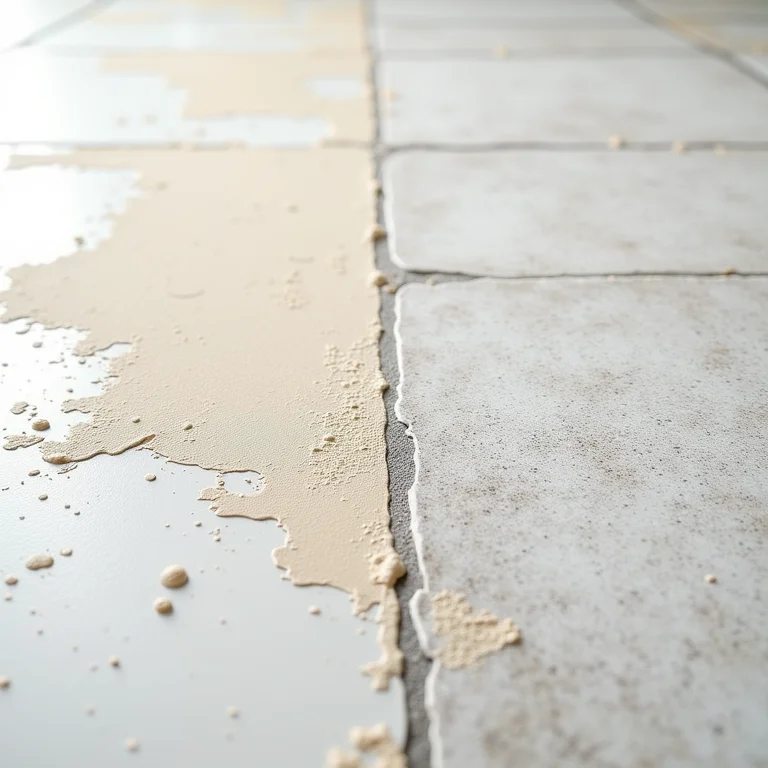 Manchas de tinta seca em um piso de cerâmica texturizado antes e depois da limpeza.