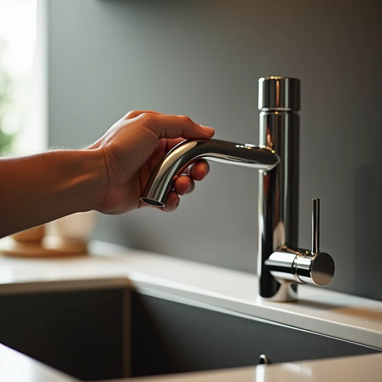Mão ajustando um misturador monocomando cromado