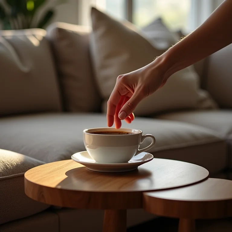 Mão alcançando uma xícara de café em uma mesa lateral