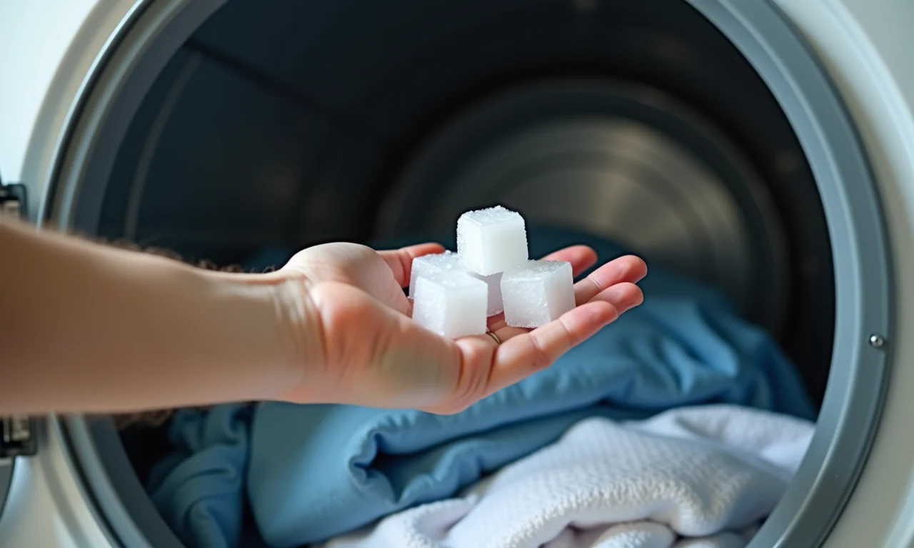 Mão colocando cubos de gelo dentro da secadora com roupas.