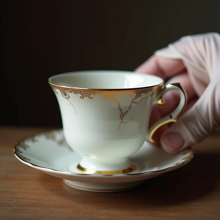 Mão com luva segurando delicadamente xícara de chá antiga danificada.