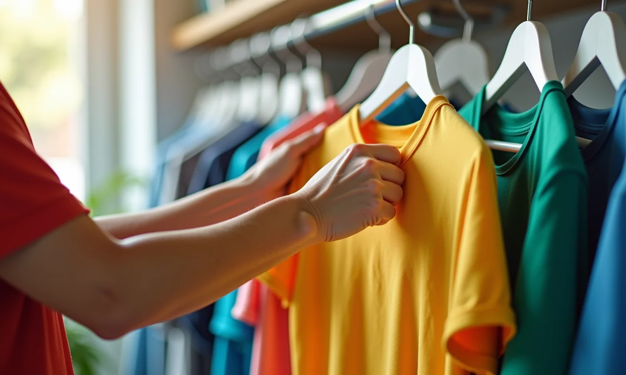 Mão de especialista dobrando camiseta com cuidado em lavanderia iluminada.