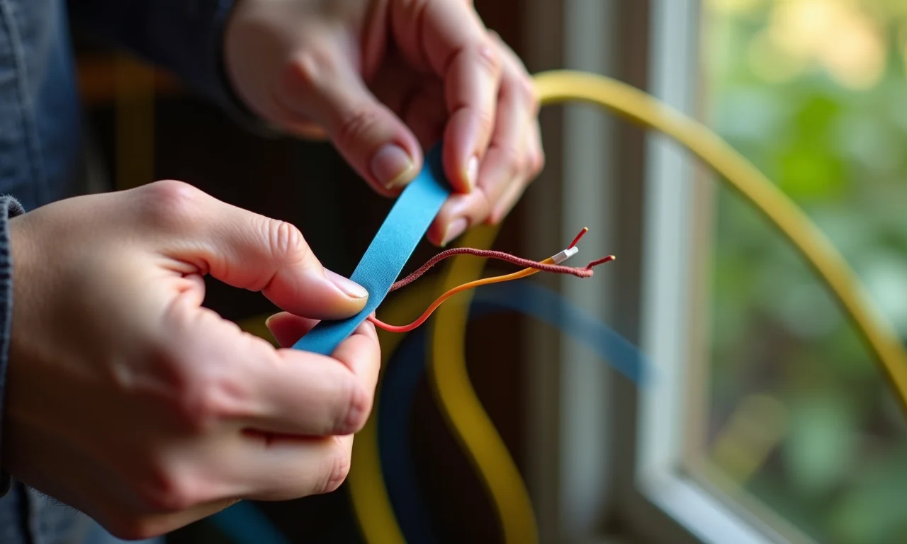 Mão enrolando fita isolante de qualidade em um fio elétrico.