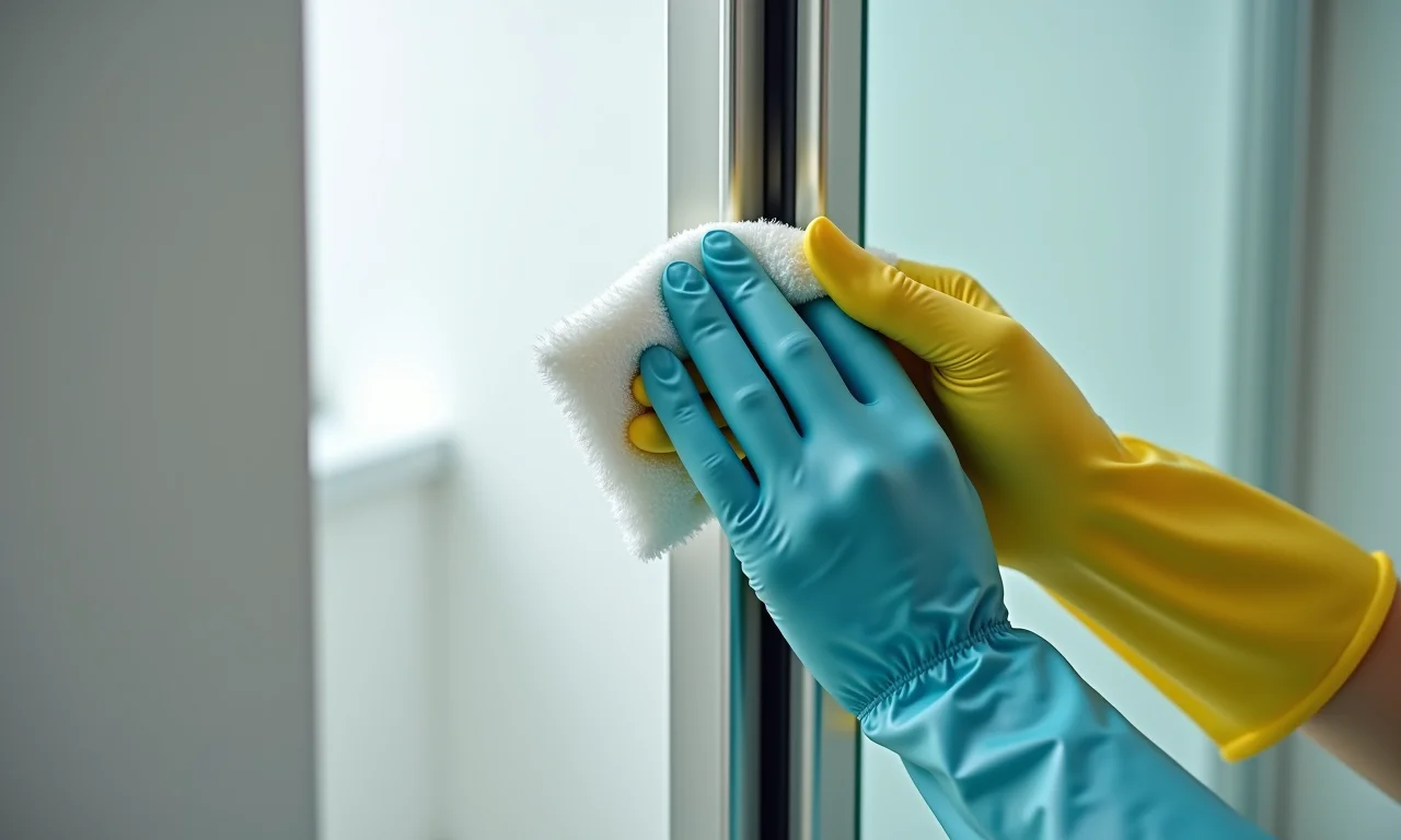 Mão limpando os trilhos do box sanfonado e inspecionando a limpeza.