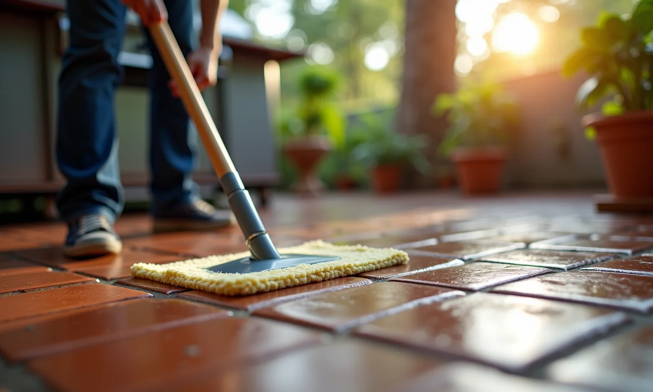 Mão limpando piso da churrasqueira com produto e esfregão.