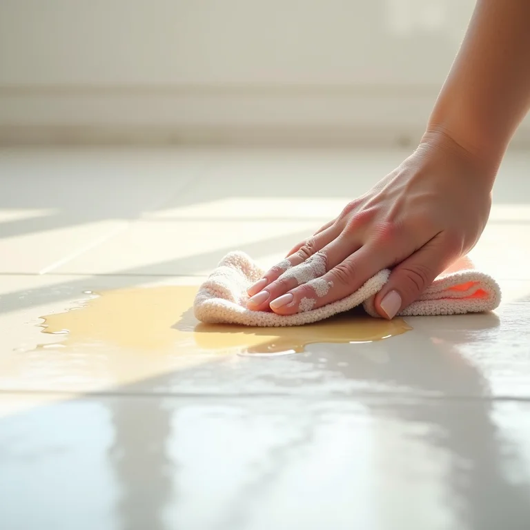 Mão limpando uma mancha de tinta em um piso de cerâmica com água morna e detergente neutro.