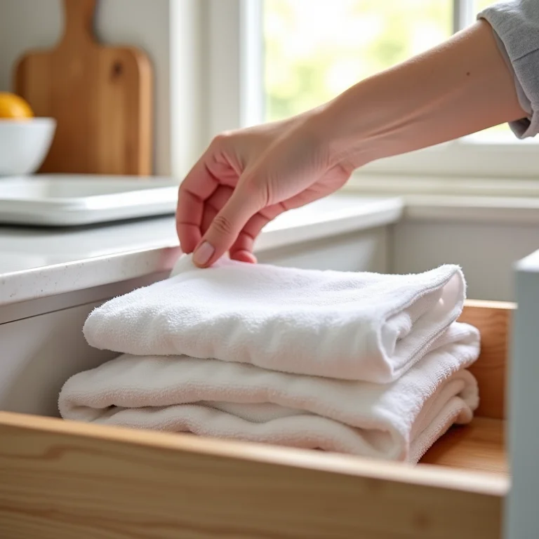 Mão pegando um pano de prato em uma gaveta organizada