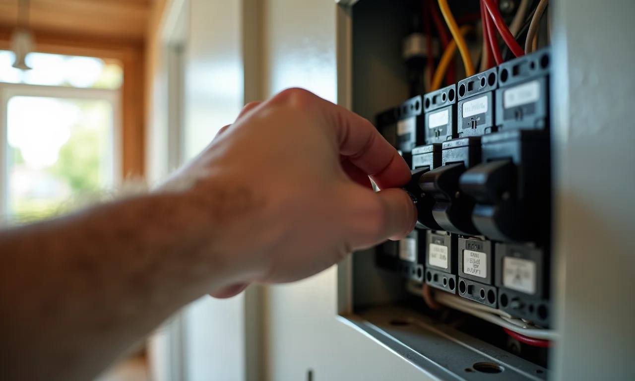Mão rearmando um disjuntor desarmado.