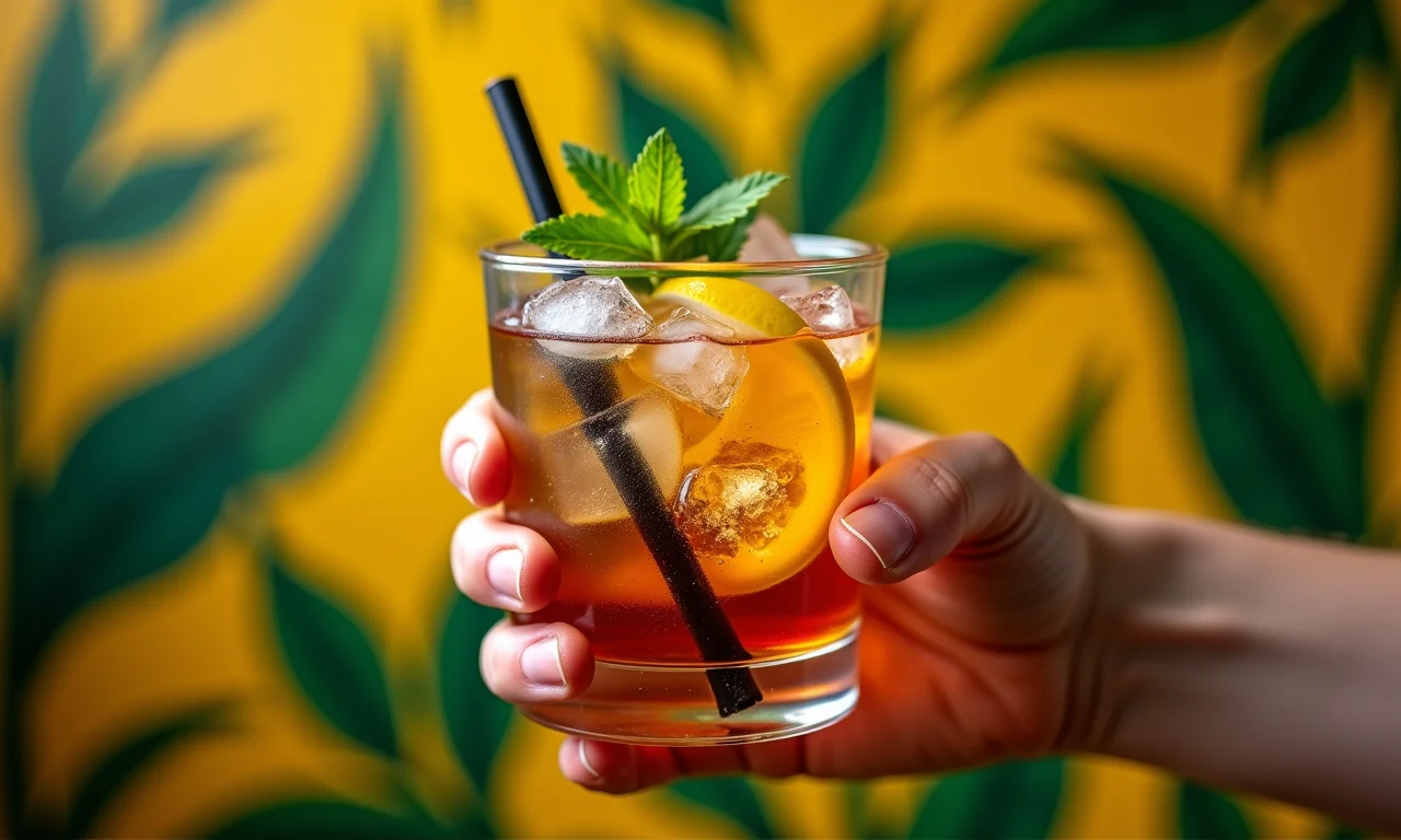 Mão segurando copo Highball com whisky e soda, fundo vibrante.