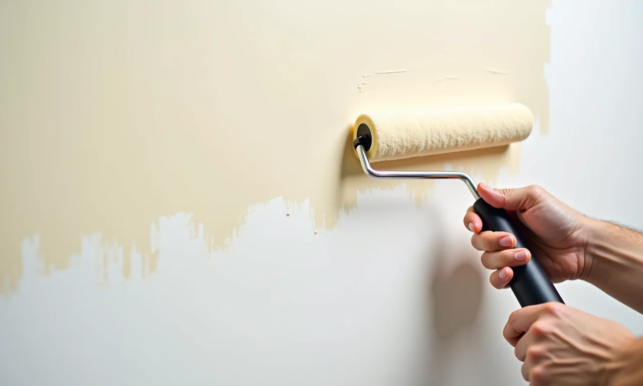 Mão usando rolo de lã para pintar parede com cobertura uniforme.