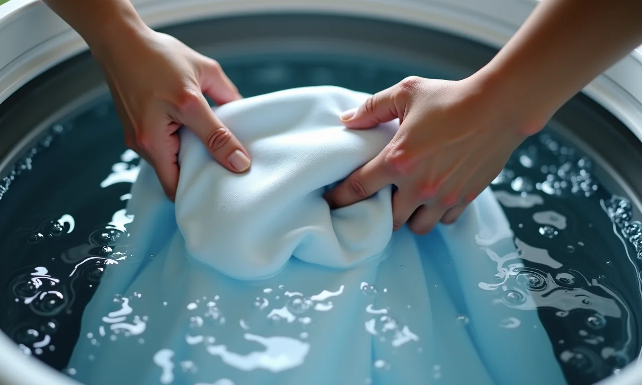 Mãos colocando camiseta em água fria dentro da máquina de lavar.