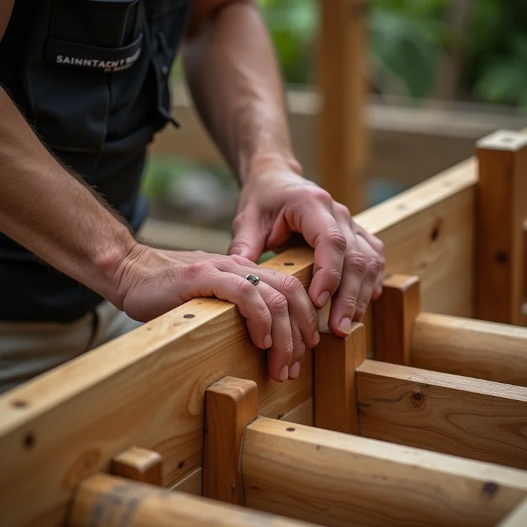 Mãos construindo estrutura de madeira