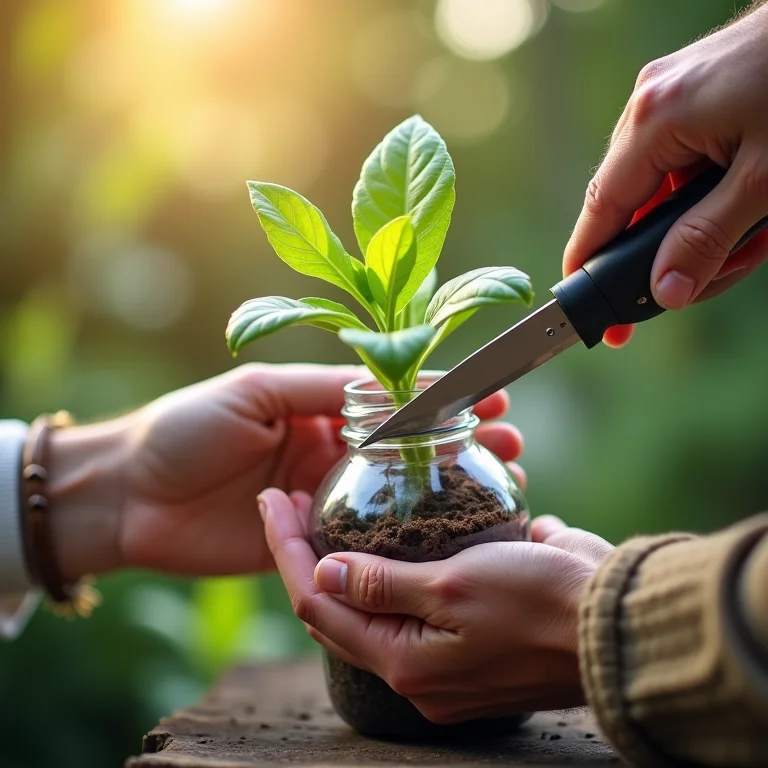 Mãos cortando garrafa PET para criar um vaso.