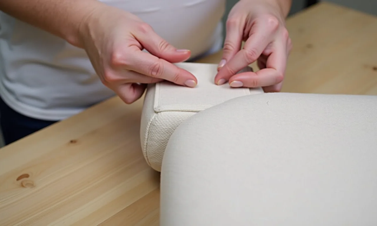 Mãos criando uma cabeceira estofada DIY, mostrando o processo prático.