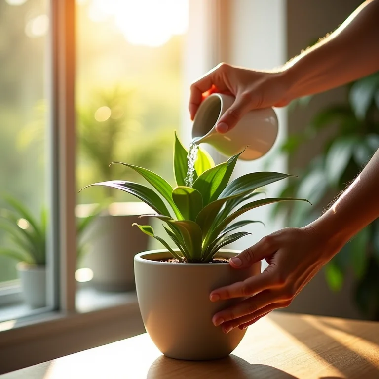 Mãos cuidando de uma Aglaonema em vaso