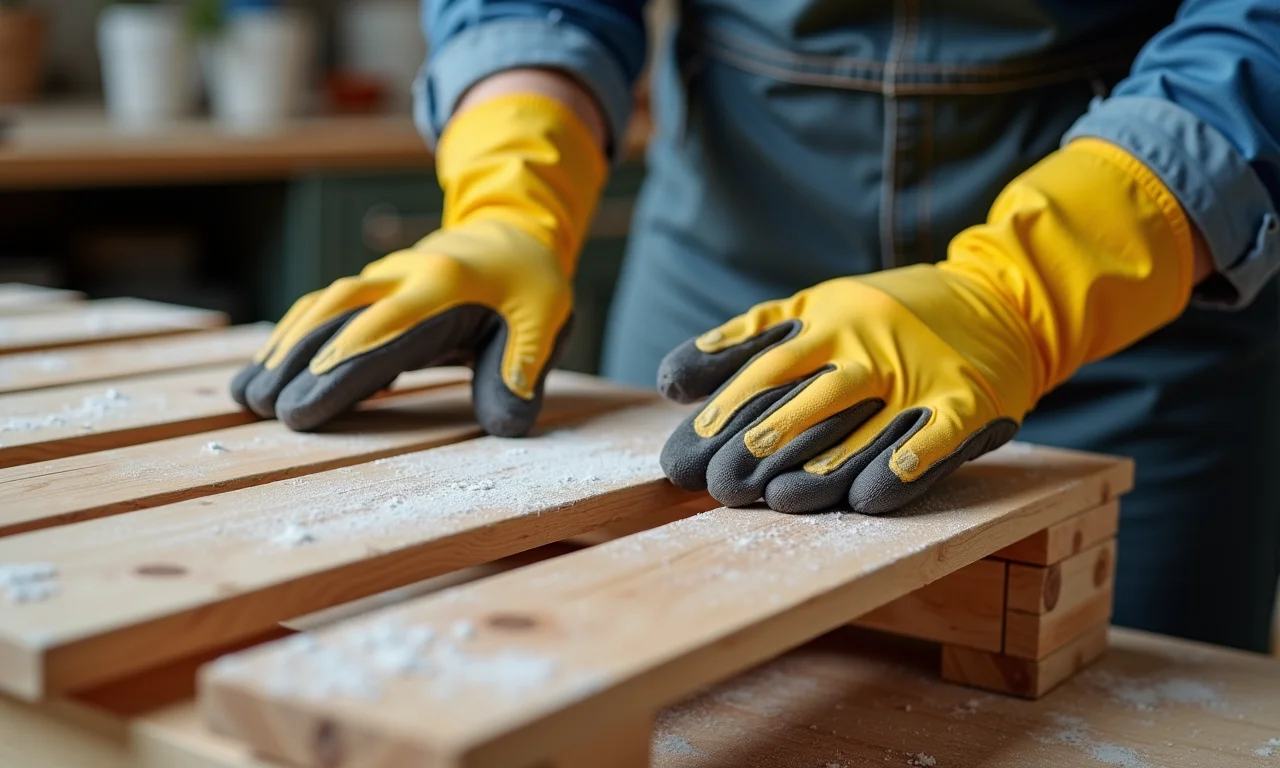 Mãos de especialista mostrando como tratar o pallet para móveis de cozinha.