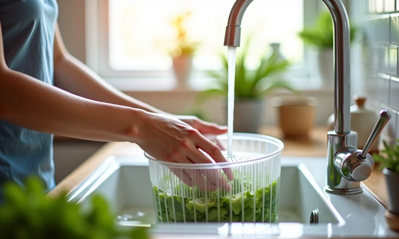 Mãos de uma mulher limpando um secador de salada.
