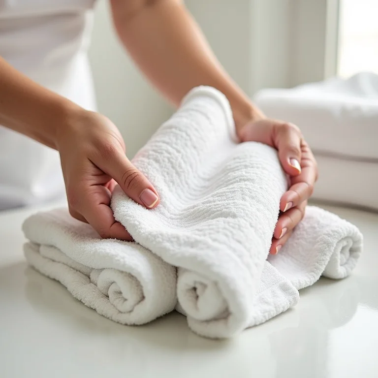 Mãos dobrando toalhas para montar um jogo decorativo