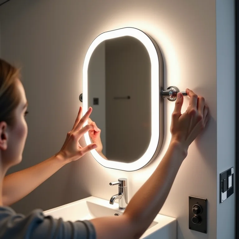 Mãos instalando espelho LED em parede de banheiro.