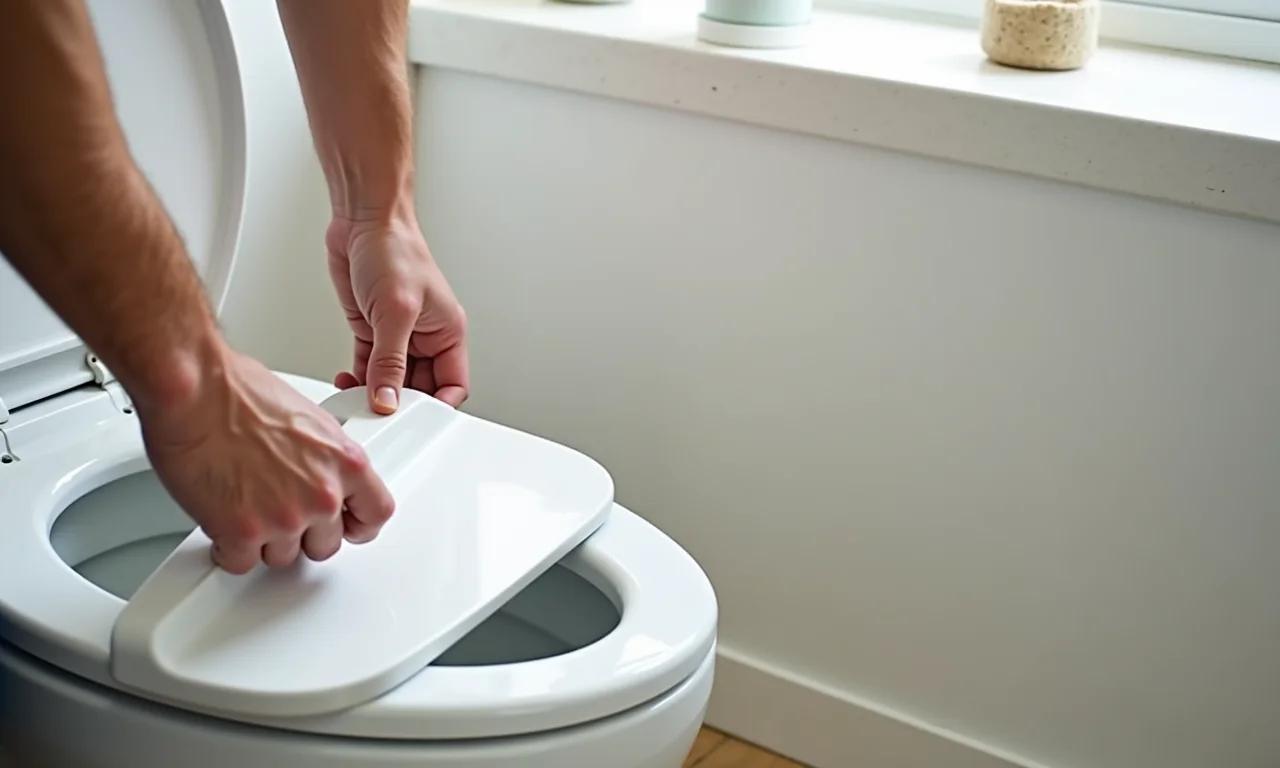 Mãos instalando um assento sanitário de forma simples e rápida.