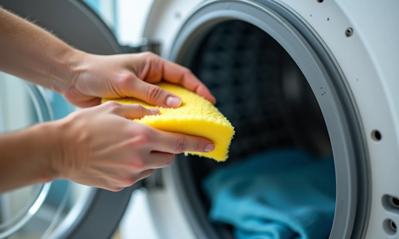 Mãos limpando tambor da máquina de lavar com esponja.