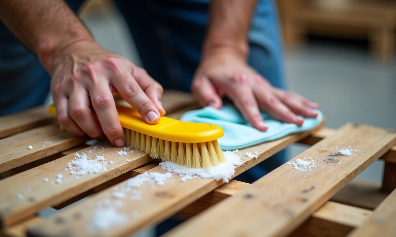 Mãos limpando um pallet com escova e sabão.