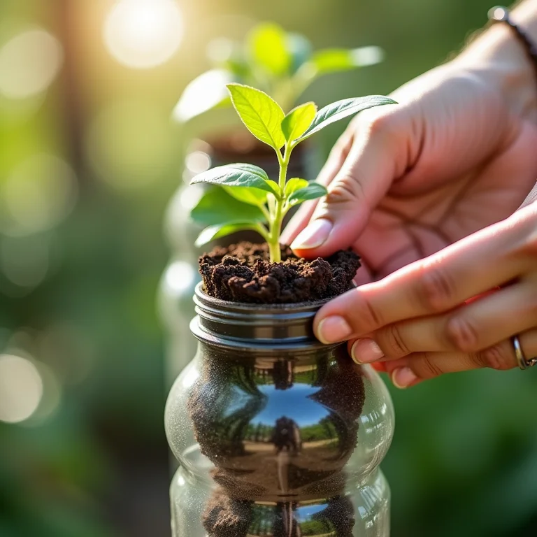 Mãos montando um jardim vertical com garrafas PET.