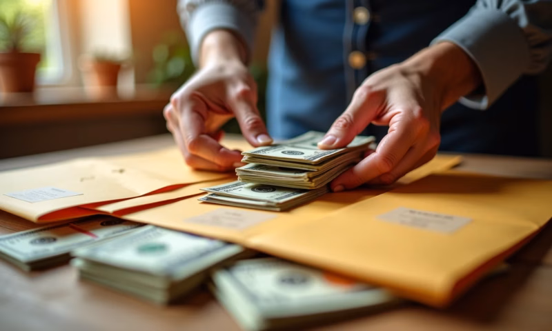 Mãos organizando dinheiro em envelopes etiquetados.