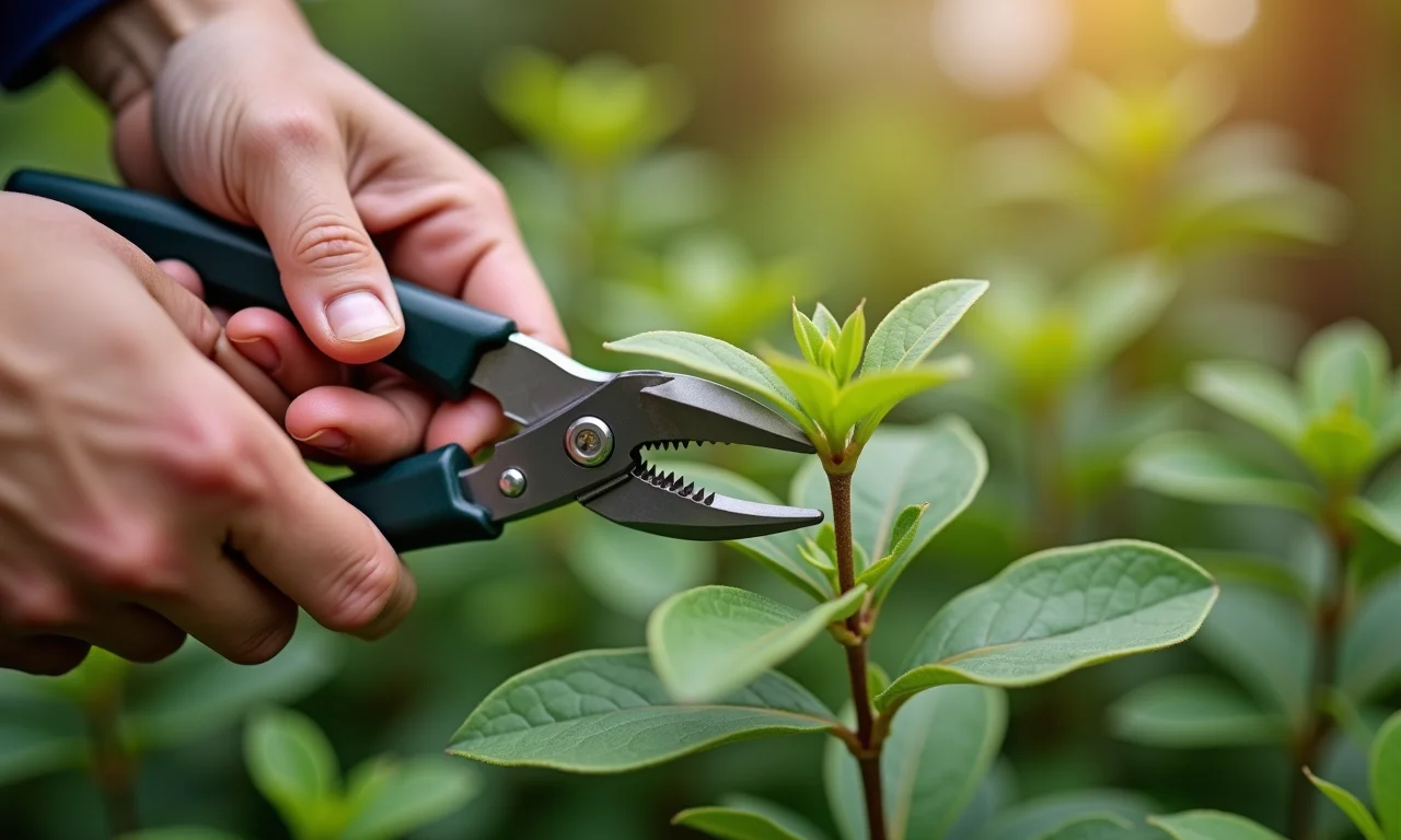 Mãos podando uma planta com tesouras de poda, com foco na técnica correta.