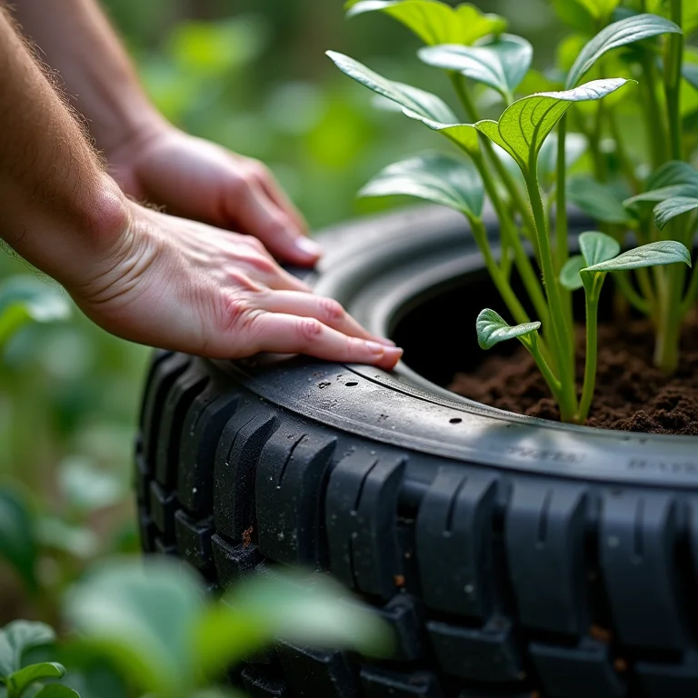 Mãos preparando e limpando um pneu para a horta vertical.