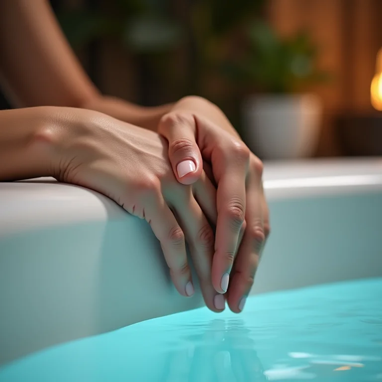 Mãos relaxadas na borda de uma banheira de hidromassagem.