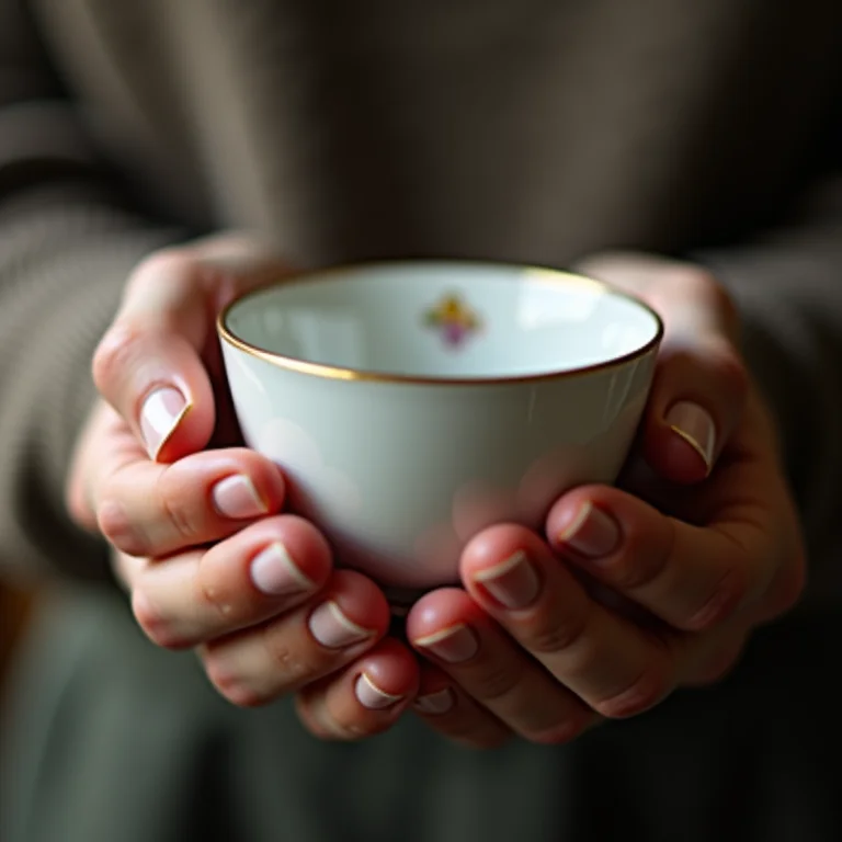 Mãos segurando delicadamente uma xícara de chá antiga.