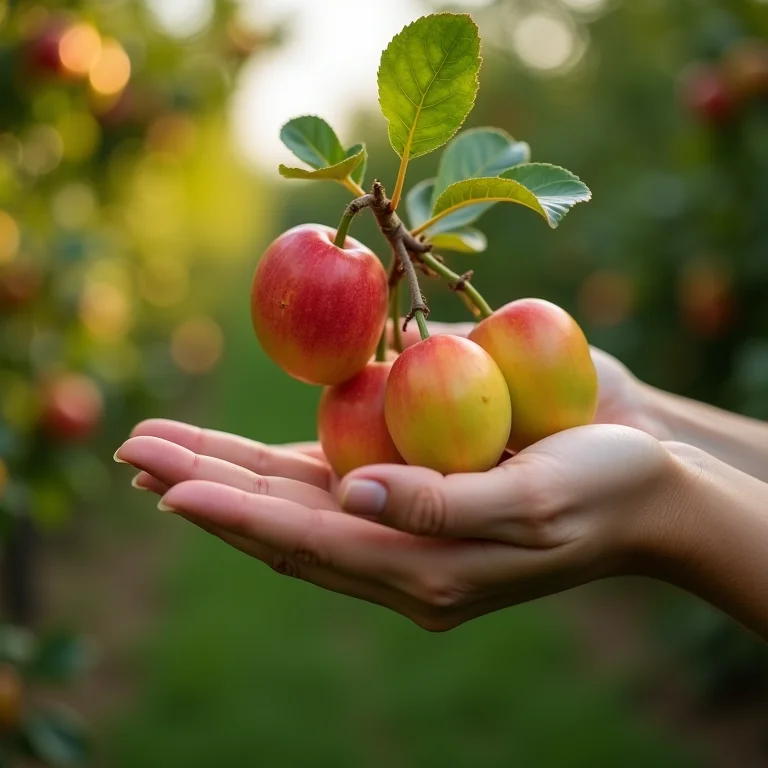 Mãos segurando galho frutífero após a poda