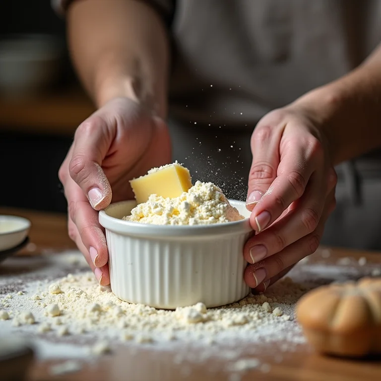 Mãos untando um ramequim com manteiga e farinha.