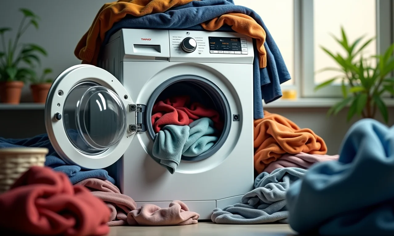 Máquina de lavar sobrecarregada com roupas, ilustrando o erro de colocar peso excessivo.