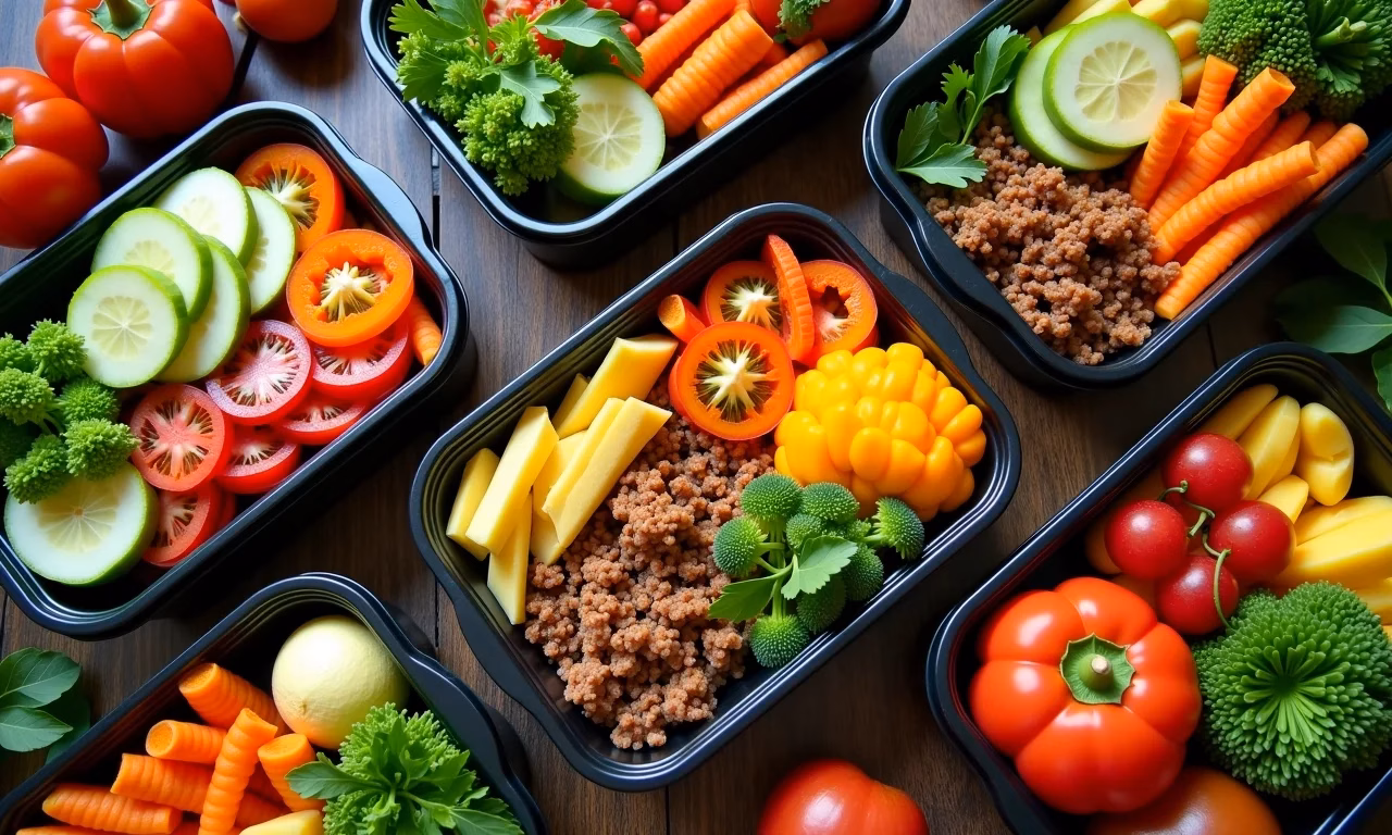 Marmitas caseiras coloridas e ingredientes frescos, prontas para a semana.