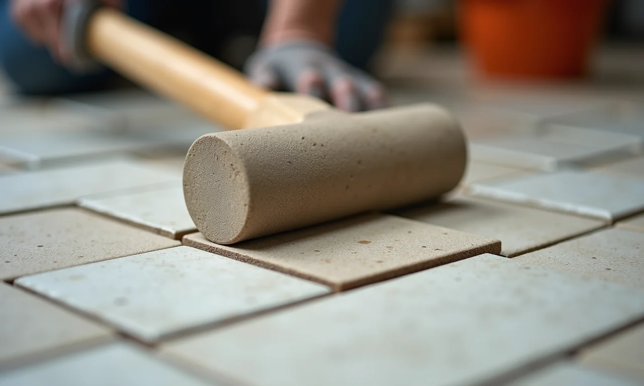 Marreta de borracha sendo usada para ajustar delicadamente azulejos.