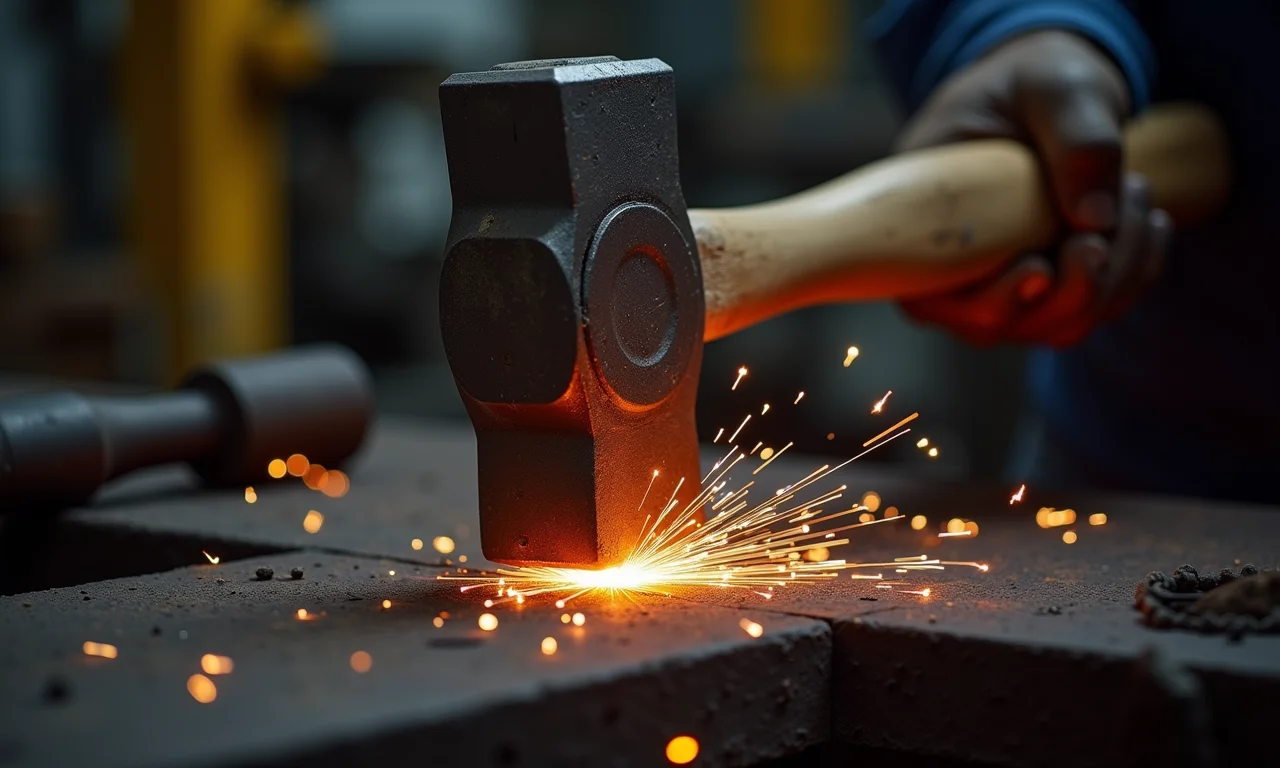 Marreta de pena sendo usada para moldar metal em uma oficina.