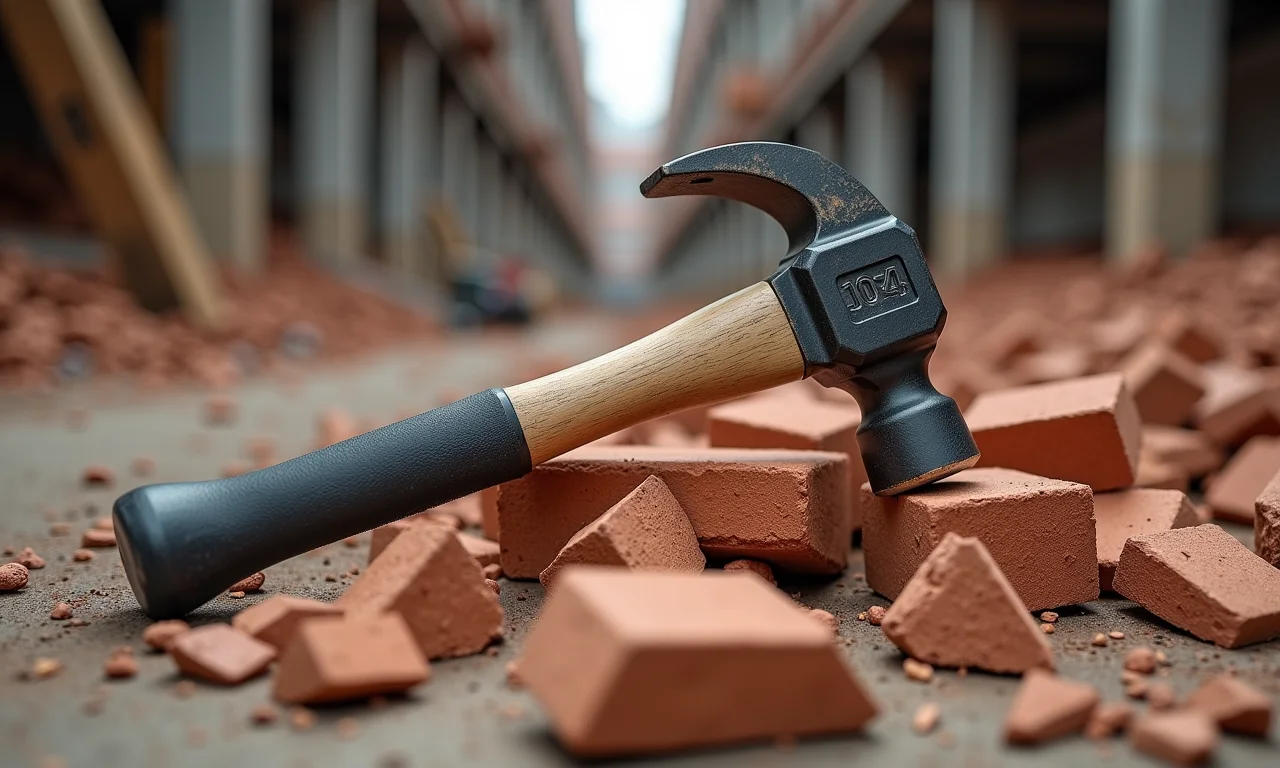 Marreta oitavada apoiada em uma pilha de tijolos quebrados, em uma obra.