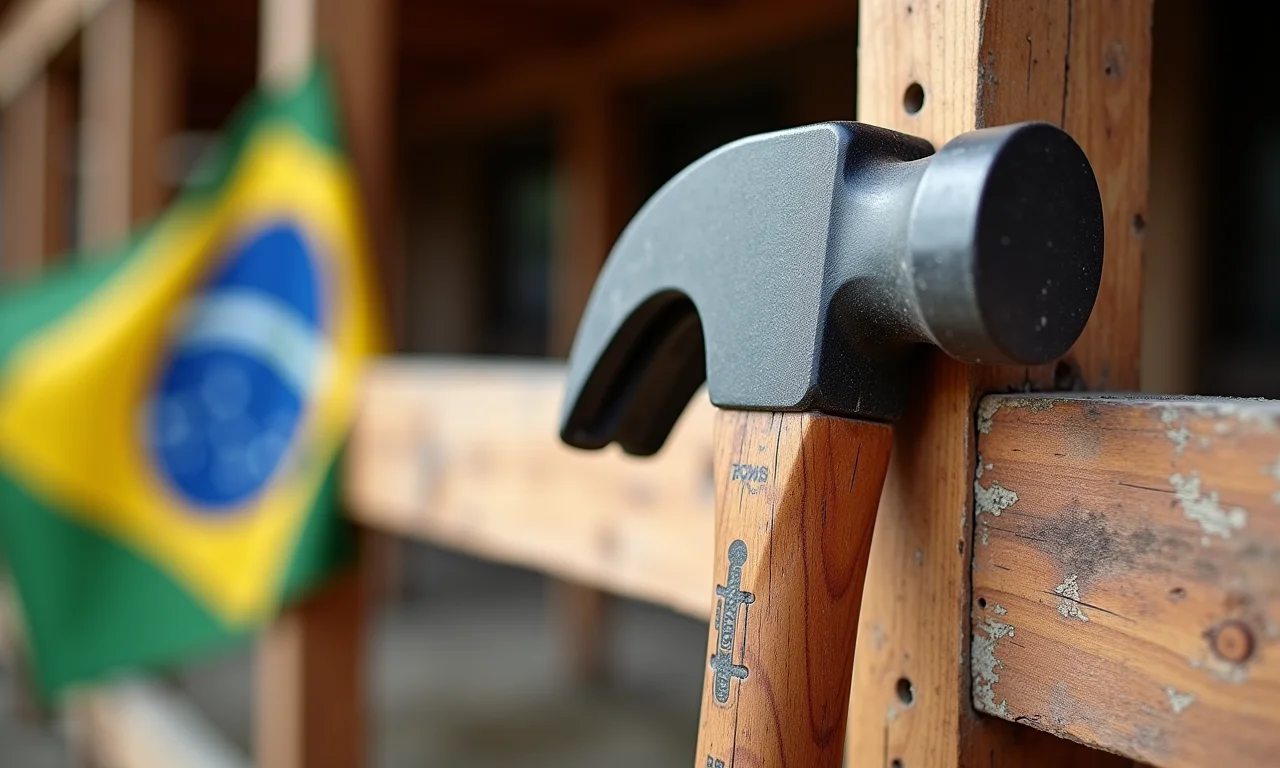 Marreta Tramontina apoiada em uma viga de madeira, em uma construção.