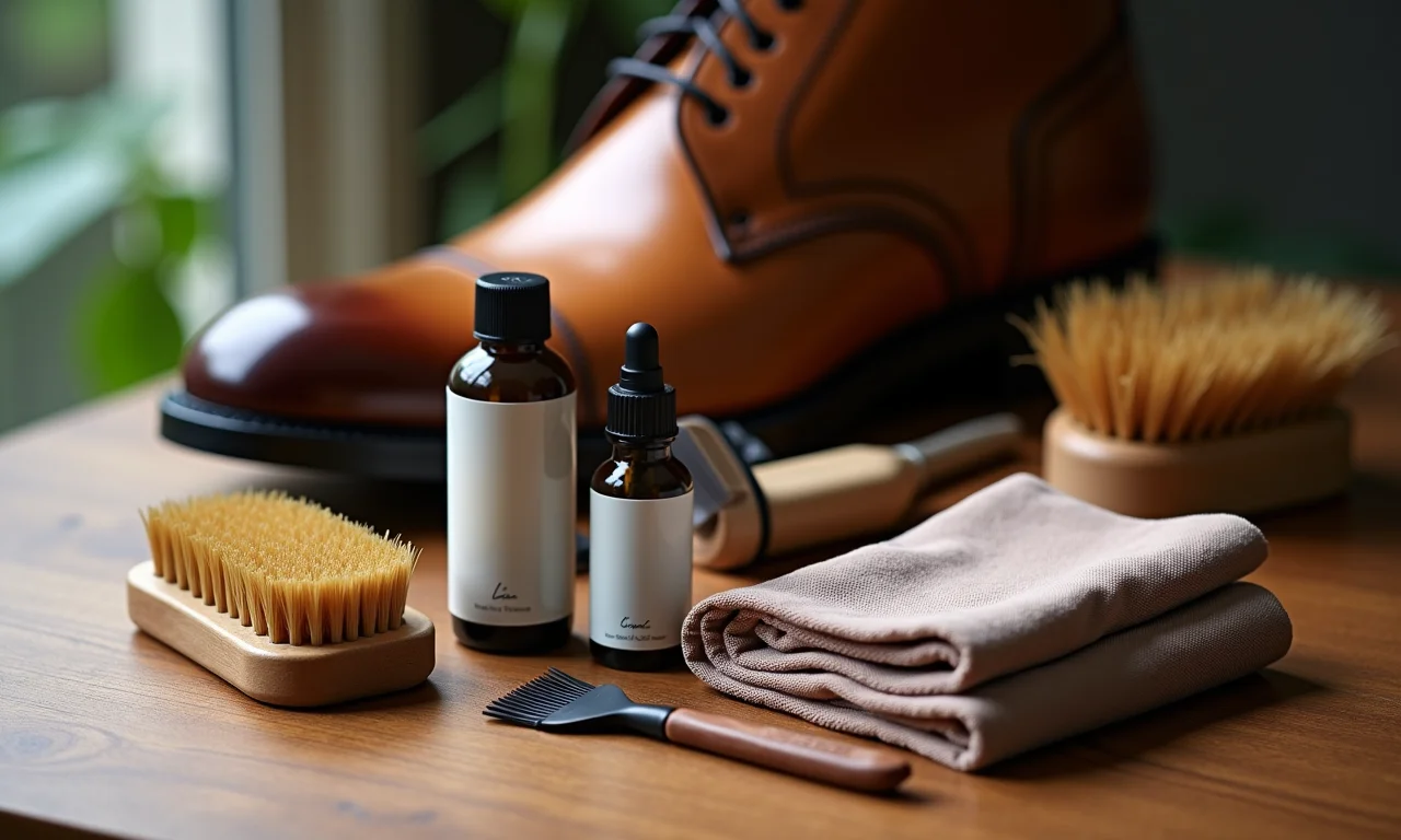 Materiais essenciais para limpeza de sapatos sociais de couro.
